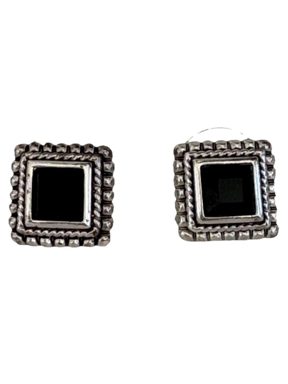 Roman Signed Square Black Stone Stud Earrings in Silver Tone